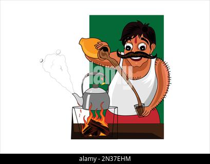 Chai wala personaggio cartoon indiano, pakistano venditore di tè di strada Illustrazione Vettoriale