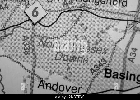 North Wessex Downs, Regno Unito nome della città della mappa atlas - bianco e nero Foto Stock