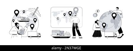 Servizio di consegna internazionale concetto astratto vettore illustrazione set. Sistema di trasporto globale, tracciamento delle navi, logistica collaborativa, traffico marittimo, metafora astratta del tracciatore globale online. Illustrazione Vettoriale