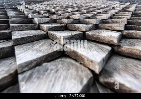 La facciata del clocher-porche (torre) del Prieuré de Mimizan, dipartimento delle Landes, Francia sud-occidentale, è ricoperta da un lato di ceder Foto Stock