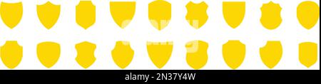 Set di icone dorate Shield. Gruppo di protezione protezione. Simbolo di qualità del distintivo della collezione. Logo o emblema. Protezione e protezione del simbolo Vector i Illustrazione Vettoriale