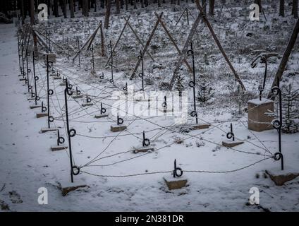 Vecchia barriera di confine nella foresta innevata vista in bianco e nero Foto Stock