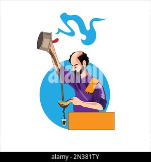 Chai wala personaggio cartoon indiano, pakistano venditore di tè di strada Illustrazione Vettoriale