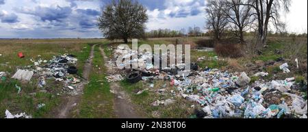 Mucchi di spazzatura nel prato. Problemi di protezione ambientale contesto. Aiuta prati e boschi! Foto Stock