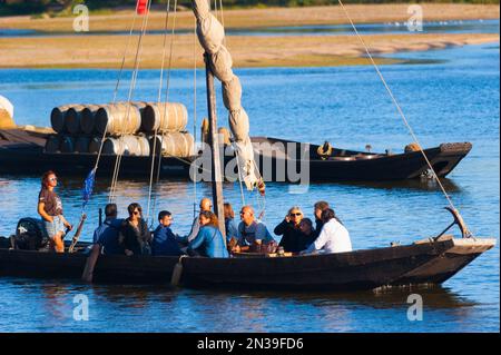 Francia, Loiret (45), Orléans, Loire Festival 2019, navigazione fluviale in una barca tradizionale a fondo piatto Foto Stock