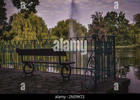 Una panca vuota nel parco che domina una fontana nello stagno Foto Stock