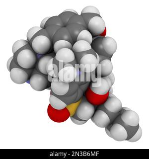 Molecola di farmaco di Maralixibat. Rendering 3D. Gli atomi sono rappresentati come sfere con codifica a colori convenzionale: Idrogeno (bianco), carbonio (grigio), azoto (b Foto Stock