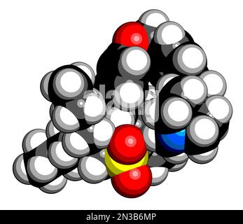Molecola di farmaco di Maralixibat. Rendering 3D. Gli atomi sono rappresentati come sfere con codifica a colori convenzionale: Idrogeno (bianco), carbonio (nero), azoto ( Foto Stock