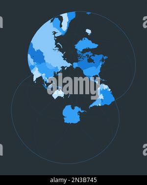 Mappa del mondo. Proiezione stereografica modificata per l'oceano Pacifico. Illustrazione futuristica del mondo per la vostra infografica. Bella tavolozza di colori blu. Auth Illustrazione Vettoriale