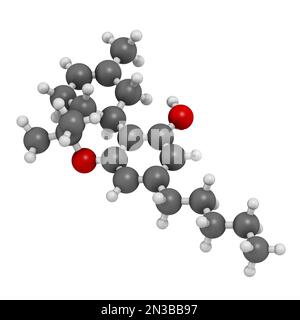 Molecola di Delta-8-tetraidrocannabinolo (D8-THC). Isomero di Delta-9-THC. Rendering 3D. Gli atomi sono rappresentati come sfere con codifica a colori convenzionale: Foto Stock