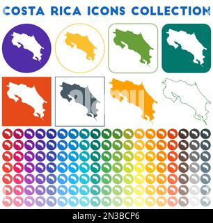 Costa Rica icone collezione. Icone luminose e colorate alla moda. Badge Modern Costa Rica con mappa del paese. Illustrazione vettoriale. Illustrazione Vettoriale