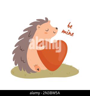 Riccio carino che tiene il cuore grande. Sia la mia scrittura. Il concetto di biglietto giornaliero di San Valentino. Illustrazione vettoriale Illustrazione Vettoriale