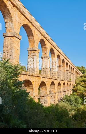 Old, Roman aqueduct, the Ferreres Aqueduct (Aqüeducte de les Ferreres) also known as Pont del Diable (Devil's Bridge) near Tarragona Stock Photo