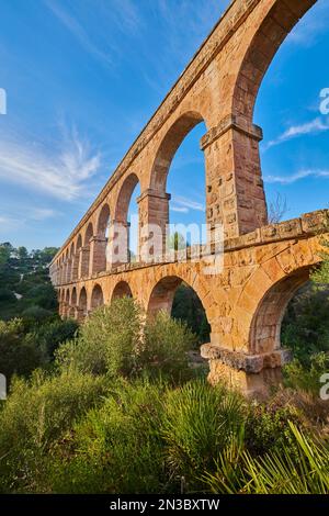 Old, Roman aqueduct, the Ferreres Aqueduct (Aqüeducte de les Ferreres) also known as Pont del Diable (Devil's Bridge) near Tarragona Stock Photo