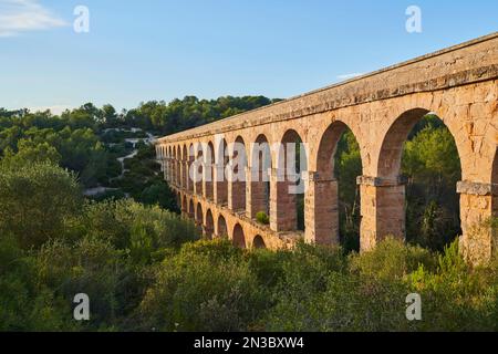 Old, Roman aqueduct, the Ferreres Aqueduct (Aqüeducte de les Ferreres) also known as Pont del Diable (Devil's Bridge) near Tarragona Stock Photo