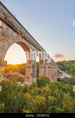 Old, Roman aqueduct, the Ferreres Aqueduct (Aqüeducte de les Ferreres) also known as Pont del Diable (Devil's Bridge) near Tarragona Stock Photo