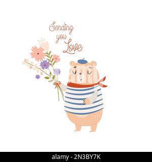 Ti manda l'amore. Orso carino con fiori. Il concetto di biglietto giornaliero di San Valentino. Illustrazione vettoriale Illustrazione Vettoriale