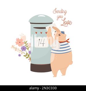 Ti manda l'amore. Orso carino che invia lettera d'amore per posta. Il concetto di biglietto giornaliero di San Valentino. Illustrazione vettoriale Illustrazione Vettoriale