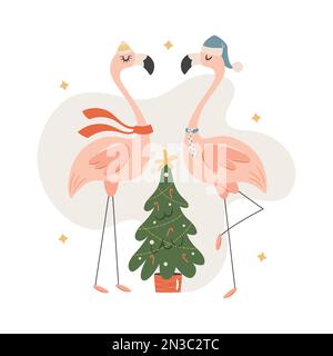 Due fenicotteri danzanti che celebrano il Natale. Illustrazione vettoriale Illustrazione Vettoriale