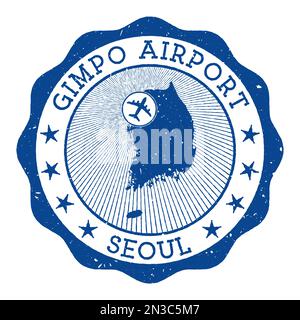 Gimpo Aeroporto di Seoul timbro. Logo rotondo dell'aeroporto di Seoul con posizione sulla mappa della Corea del Sud contrassegnata da un aereo. Illustrazione vettoriale. Illustrazione Vettoriale
