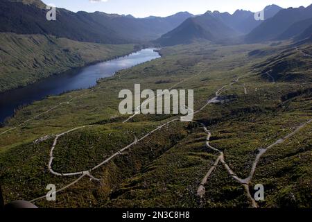 Strade di legname a zig zag attraverso una recente foresta limpida creando un pendio arido sull'isola di Admiralty Foto Stock