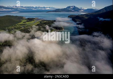 Gli estuari lungo il canale Lynn sono avvolti dalla nebbia mattutina, mentre il Lions Head nella Tongass National Forest si erge sopra Foto Stock