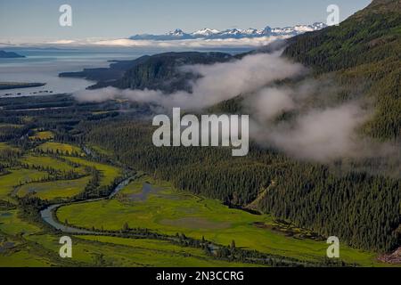 Gli estuari visti dall'alto lungo il canale Lynn sono avvolti dalla nebbia mattutina. La zona intertidale o litorale mantiene un equilibrio tra la terra... Foto Stock