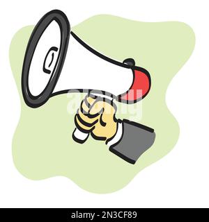 mano di primo piano dell'uomo d'affari che tiene mano del vettore di illustrazione del megafono disegnata isolata sulla linea di fondo bianca Illustrazione Vettoriale