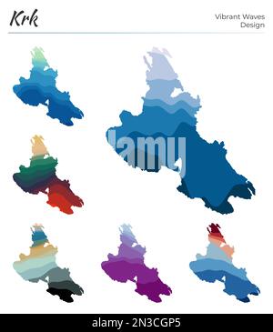 Set di mappe vettoriali di Krk. Design dalle onde vibranti. Mappa luminosa dell'isola in stile geometrico con curve lisce. Mappa Krk multicolore per il tuo progetto. Illustrazione Vettoriale