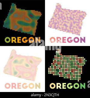 Mappa dell'Oregon. Collezione di mappe dell'Oregon in stile punteggiato. Bordi dello stato degli Stati Uniti riempiti di rettangoli per il progetto. Illustrazione vettoriale. Illustrazione Vettoriale