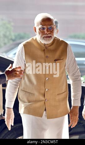 Nuova Delhi, India. 07th Feb, 2023. NEW DELHI, INDIA - 7 FEBBRAIO: Il primo ministro Narendra modi arriva alla riunione del Partito parlamentare del BJP per l'Unione Budget2023, presso il Parlamento, il 7 febbraio 2023 a Nuova Delhi, India. (Foto di Sanjeev Verma/Hindustan Times/Sipa USA) Credit: Sipa USA/Alamy Live News Foto Stock