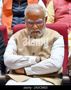 Nuova Delhi, India. 07th Feb, 2023. NEW DELHI, INDIA - 7 FEBBRAIO: Primo ministro Narendra modi durante la riunione del partito parlamentare del BJP per il bilancio dell'Unione 2023-24, al Parlamento europeo, il 7 febbraio 2023 a Nuova Delhi, India. (Foto di Sanjeev Verma/Hindustan Times/Sipa USA) Credit: Sipa USA/Alamy Live News Foto Stock