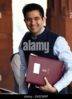 Nuova Delhi, India. 07th Feb, 2023. NEW DELHI, INDIA - 7 FEBBRAIO: AAP MP Raghav Chadha al Parlamento Parlamento complesso durante la sessione di bilancio, il 7 febbraio 2023 a Nuova Delhi, India. (Foto di Sanjeev Verma/Hindustan Times/Sipa USA) Credit: Sipa USA/Alamy Live News Foto Stock