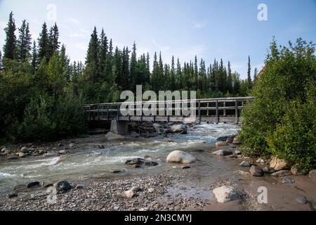 Ponte in legno che attraversa Hines Creek sul Triple Lakes Trail Foto Stock