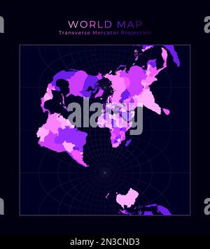 Mappa del mondo. Proiezione trasversale sferica di Mercatore. Illustrazione digitale del mondo. Colori al neon rosa brillante su sfondo scuro. Autentica illustrazione vettoriale Illustrazione Vettoriale