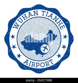 Timbro dell'aeroporto di Wuhan Tianhe. Logo rotondo dell'aeroporto di Wuhan con posizione sulla mappa della Cina contrassegnata dall'aereo. Illustrazione vettoriale. Illustrazione Vettoriale