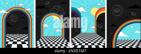 Arcobaleno retrò groovy in set di poster di arte spaziale. Sole e luna in stile hippie con stampe ad arco cosmiche surreali. Universo vintage boho in banner astratti per porte. Cartelloni eps immaginari della cultura pop trendy del Y2K Illustrazione Vettoriale