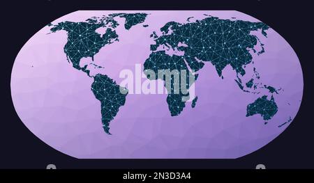 Concetto di rete globale. Proiezione Robinson. Mappa della rete mondiale. Globo cablato in proiezione Robinson su sfondo geometrico basso in polietilene. Illustrazione Vettoriale