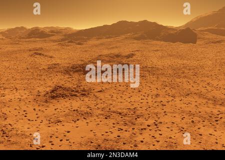 Marte - Pianeta Rosso - il paesaggio con le montagne in distanza - 3D illustrazione Foto Stock
