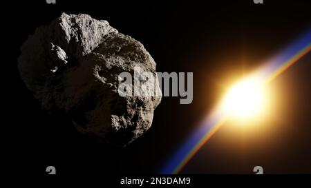 Enorme asteroide nello spazio avvicinando il pianeta con sunrise - 3D illustrazione Foto Stock