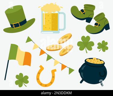 Collezione di elementi per San Patrizio Day decorazione Vector Illustration in stile piatto Illustrazione Vettoriale