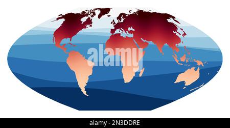 Vettore mappa mondiale. McBryde-Thomas, proiezione a area uguale pseudodocilindrica parabolica piatta-polare. Mondo in gradiente rosso arancio sulle onde blu profonde dell'oceano. Illustrazione Vettoriale