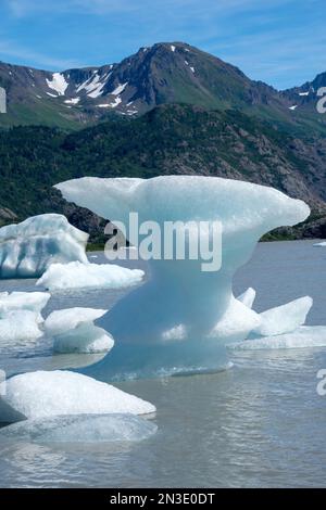 Primo piano di iceberg spingono contro la riva del lago sul ghiacciaio Grewingk nel Kachemak Bay Park, di fronte a Homer Foto Stock