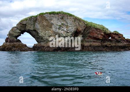 Una corona galleggia sull'acqua, collocata lì da amici e familiari di una persona morta. Si ricordano di lui in un posto speciale a Kachemak Bay duri... Foto Stock