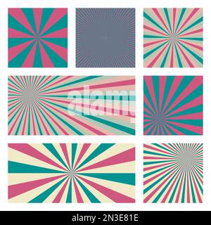Attraente collezione di sfondo sunburst. Copertine astratte con raggi radiali. Illustrazione vettoriale di classe. Illustrazione Vettoriale