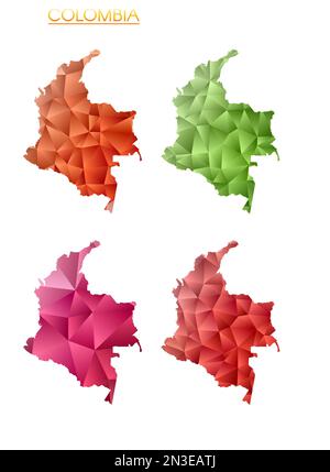 Insieme di mappe poligonali vettoriali della Colombia. Mappa del paese con gradiente luminoso in basso stile polietilene. Illustrazione Vettoriale