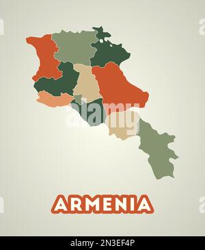 Armenia poster in stile retrò. Mappa del paese con regioni in colori autunnali. Forma dell'Armenia con nome del paese. Illustrazione del vettore freddo. Illustrazione Vettoriale