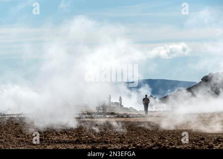 Persone che si trovano in posizione panoramica e scattano foto del lago Myvatn, circondato dal vapore che si innalza dalle sorgenti geotermali. Lake Myvatn area è... Foto Stock