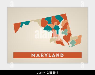 Poster del Maryland. Mappa dello stato degli Stati Uniti con regioni colorate. Forma del Maryland con il nome dello stato degli Stati Uniti. Interessante illustrazione vettoriale. Illustrazione Vettoriale
