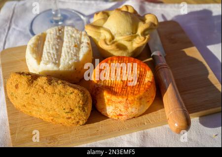 Cibo portoghese, crocchette di pesce fresco pastais de bacalhau, torta di pollo, varietà di capra, pecora, formaggi di mucca a base di paprika, erbe aromatiche, prodotti in Portogallo Foto Stock